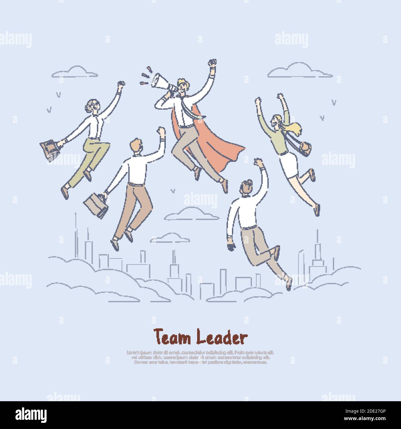 Superhero in cape, happy businessman holding megaphone, employees ...