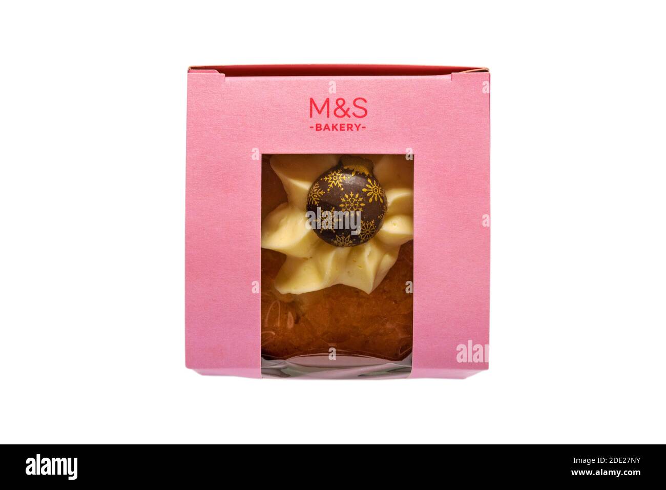 Christmas bauble muffin cake from M&S in-store bakery in box isolated on white background - Bauble Victoria Sponge Muffin Stock Photo