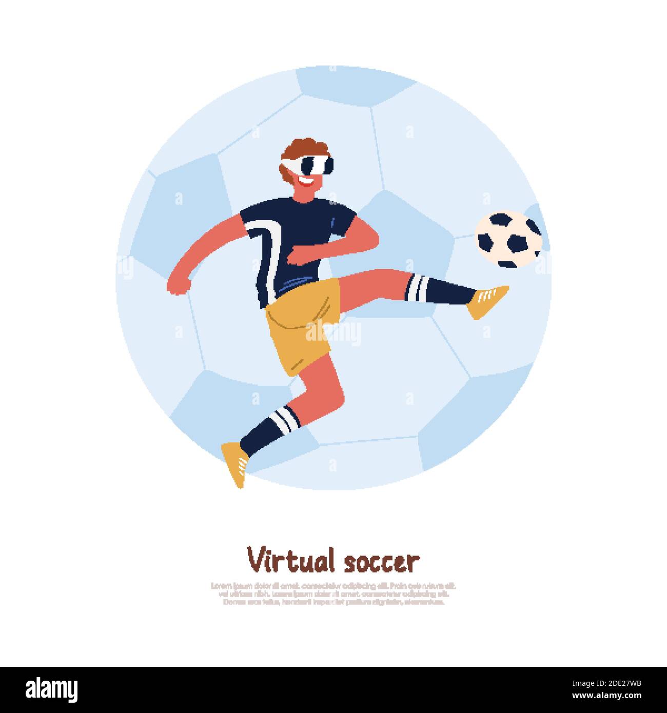 Footballer wearing virtual reality headset, kicking soccer ball, young man playing outdoor game banner. Modern computer technologies for entertainment Stock Vector