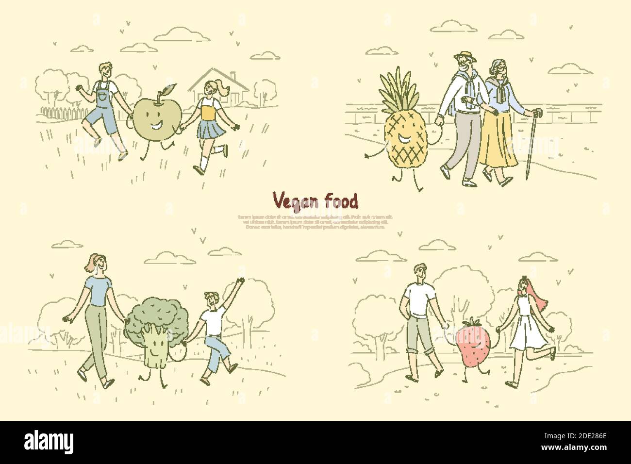 Vegan Food Fans People Walking With Fruits And Berries Metaphor Kawaii Broccoli Apple With Kids Banner Vegetarian Nutrition For All Generations Co Stock Vector Image Art Alamy