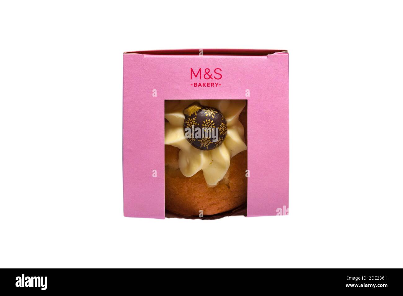 Christmas bauble muffin cake from M&S in-store bakery in box isolated on white background - Bauble Victoria Sponge Muffin Stock Photo