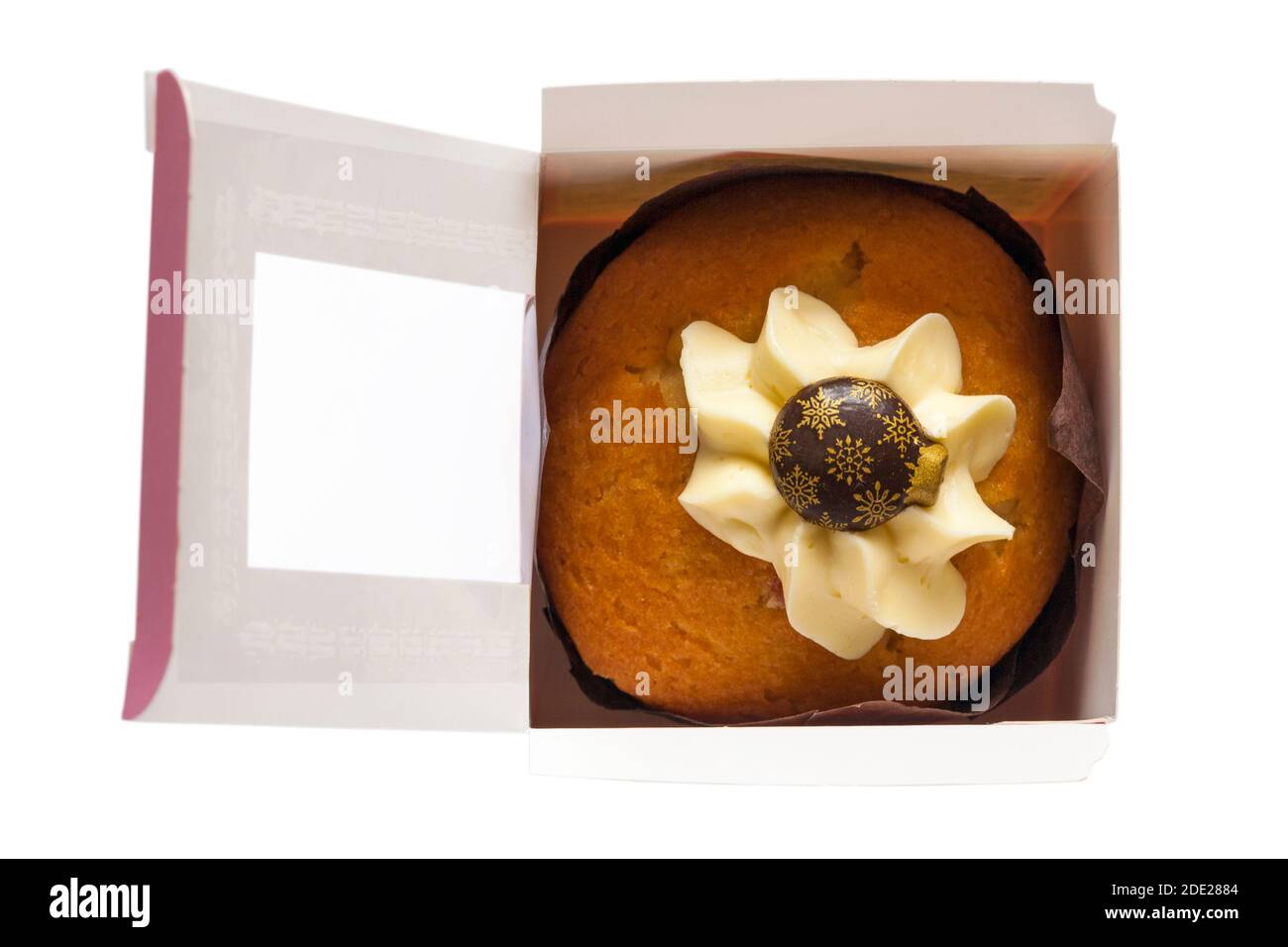 Christmas bauble muffin cake from M&S in-store bakery in box with lid open isolated on white background - Bauble Victoria Sponge Muffin Stock Photo