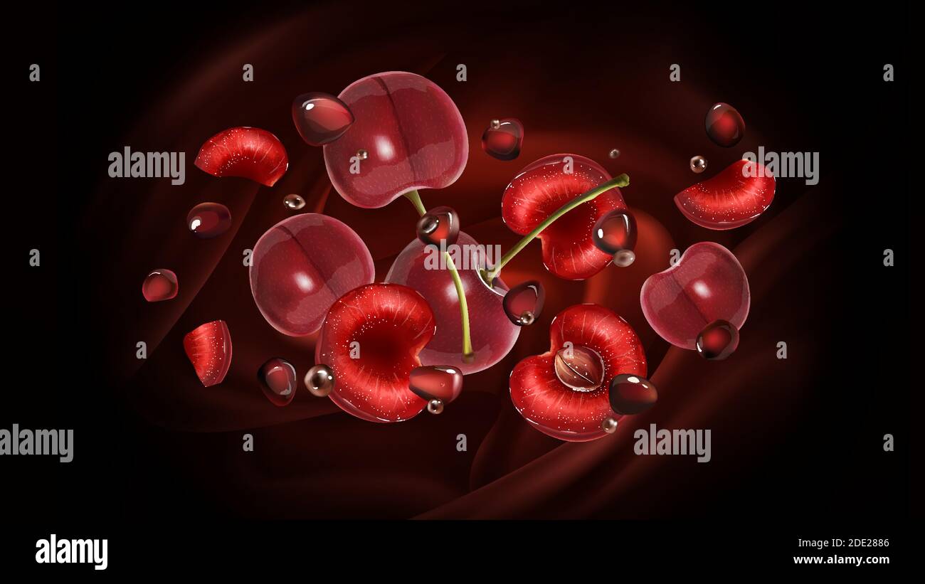 Cherries, pomegranate grains and chocolate droplets on a brown background. Stock Vector