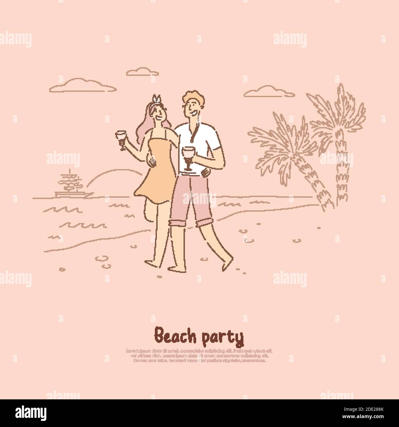 Beach party romance, romantic couple on date, lovers enjoy summertime vacation, oceanic sunset, drinking cocktails by seaside banner. Honeymoon trip c Stock Vector