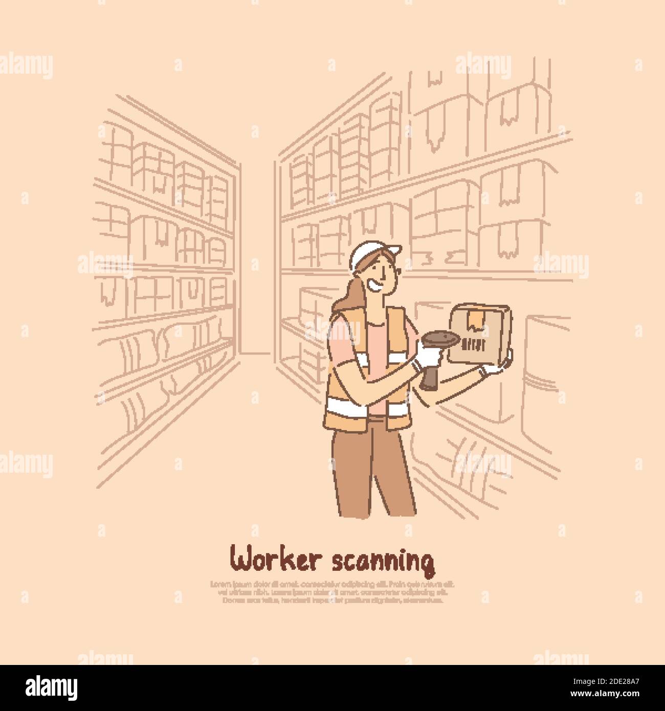 Warehouse worker scanning goods, female merchandiser holding digital barcode scanner, registering products banner. Storehouse orders inventory concept Stock Vector