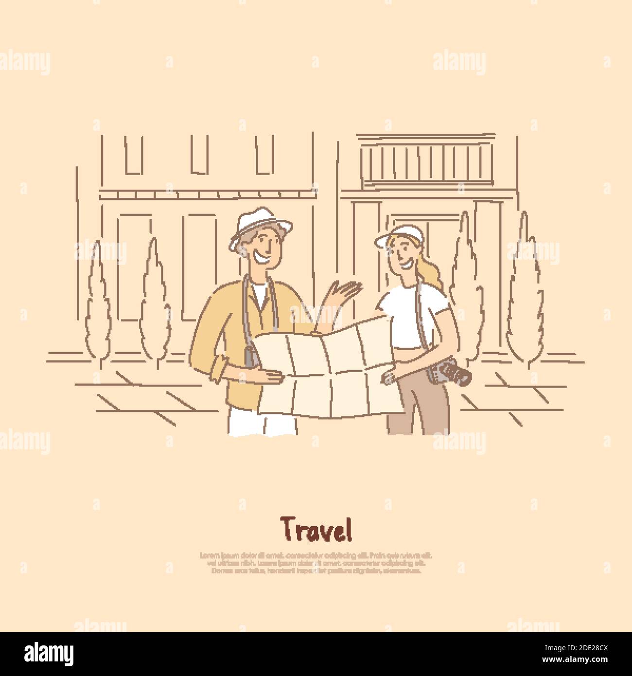 Tourists with map looking for destination, friends, married couple, travelers searching location banner. Holiday makers with camera go sightseeing con Stock Vector