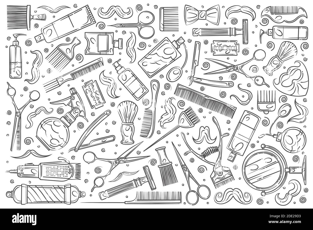 Hand drawn hairdresser tools. Hair styling related equipment doodle set