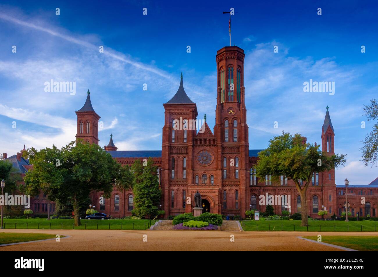 Washington DC--Aug 18, 2018; front entrance to red brick castle like headquarters of the Smithsonian Institute on National Mall Stock Photo