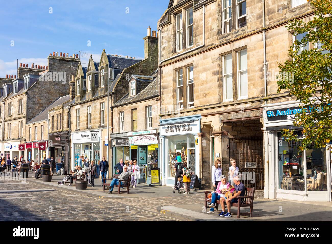 St Andrews Town centre with shops cafes and restaurants Royal Burgh of St Andrews Fife Scotland UK GB Europe Stock Photo