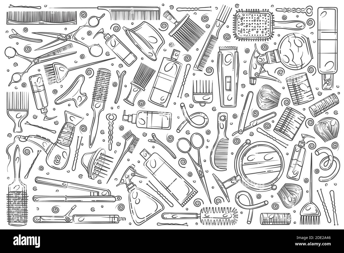 Hand drawn hair salon tools. Equipment for professional hairdresser doodle set background Stock Vector