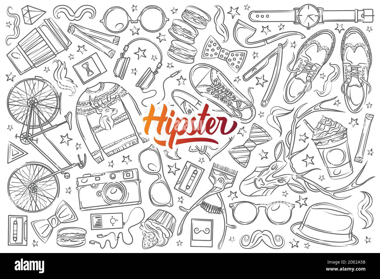 Hand drawn hipster elements and clothes. Pullover, spectacles, hat, camera, bike etc doodle set background Stock Vector