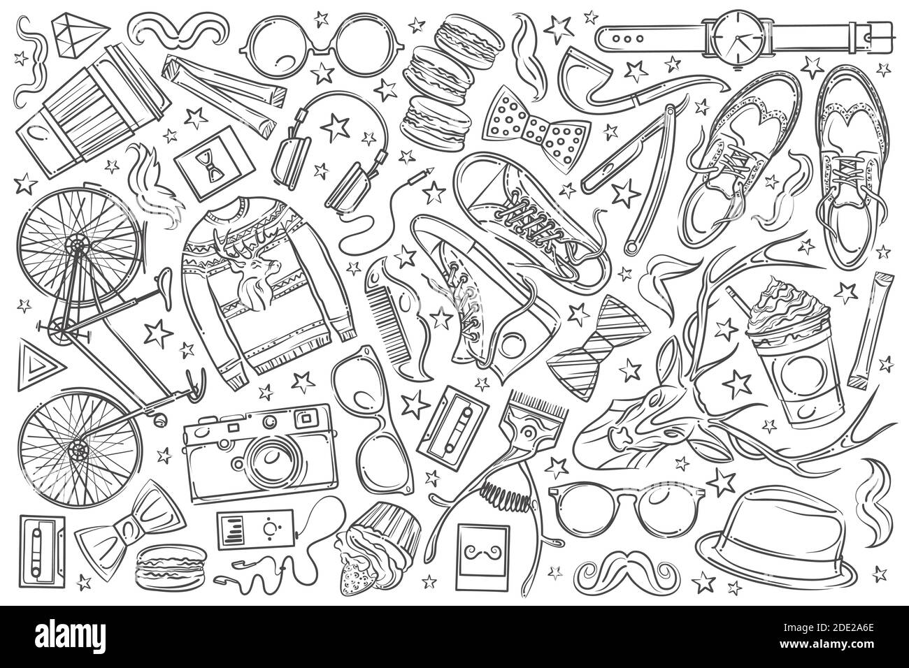 Hand drawn hipster elements and clothes. Pullover, spectacles, hat, camera, bike etc doodle set background Stock Vector