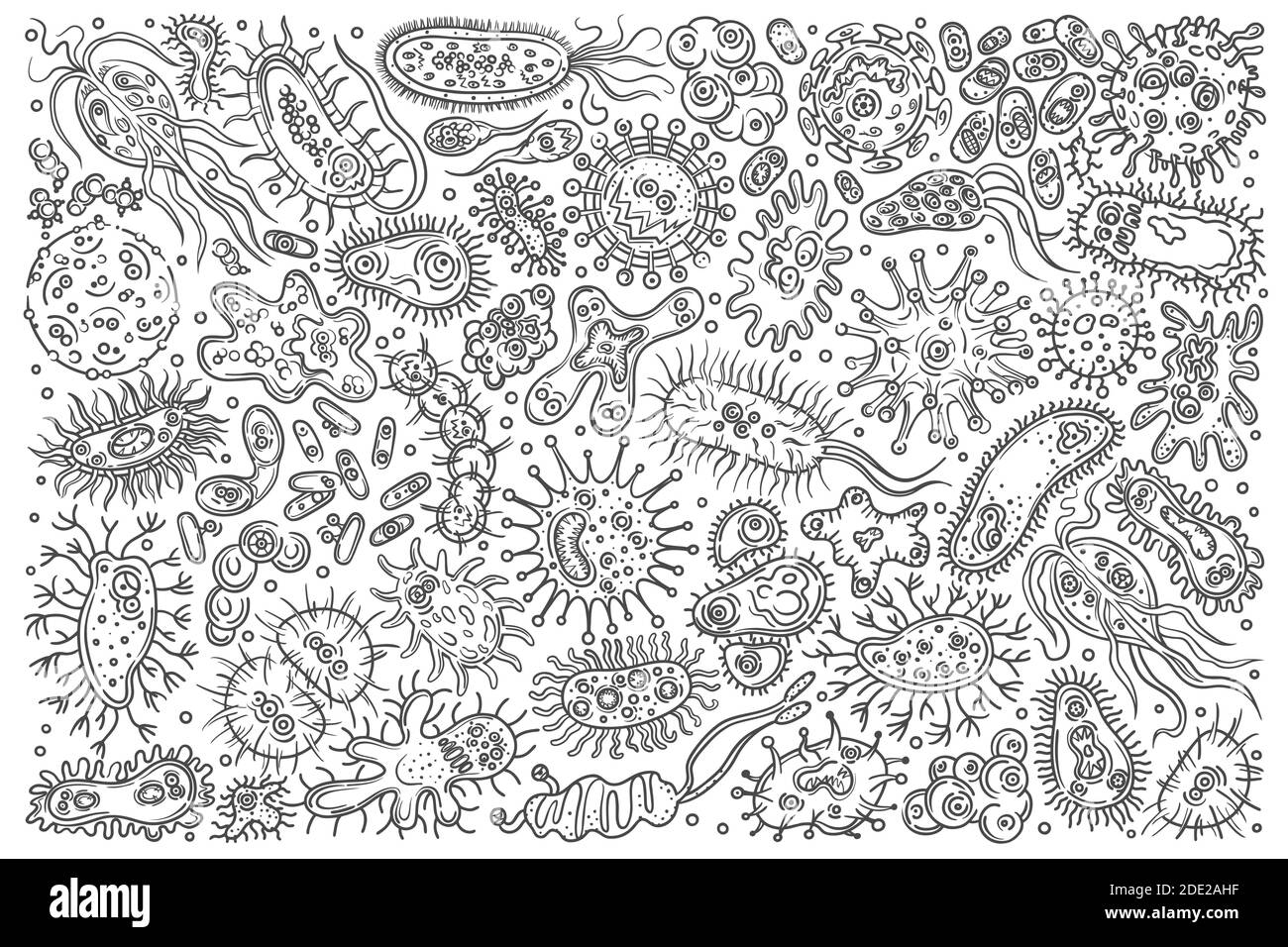 Hand drawn different bacteria and viruses. Stock Vector