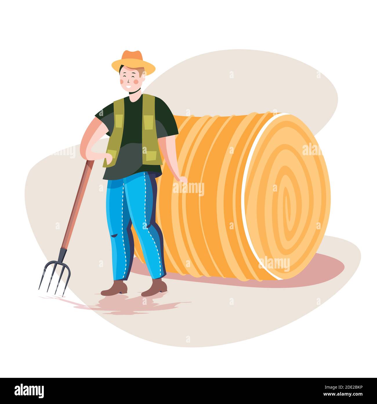 male farmer in uniform collecting hay with pitchfork eco farming ...