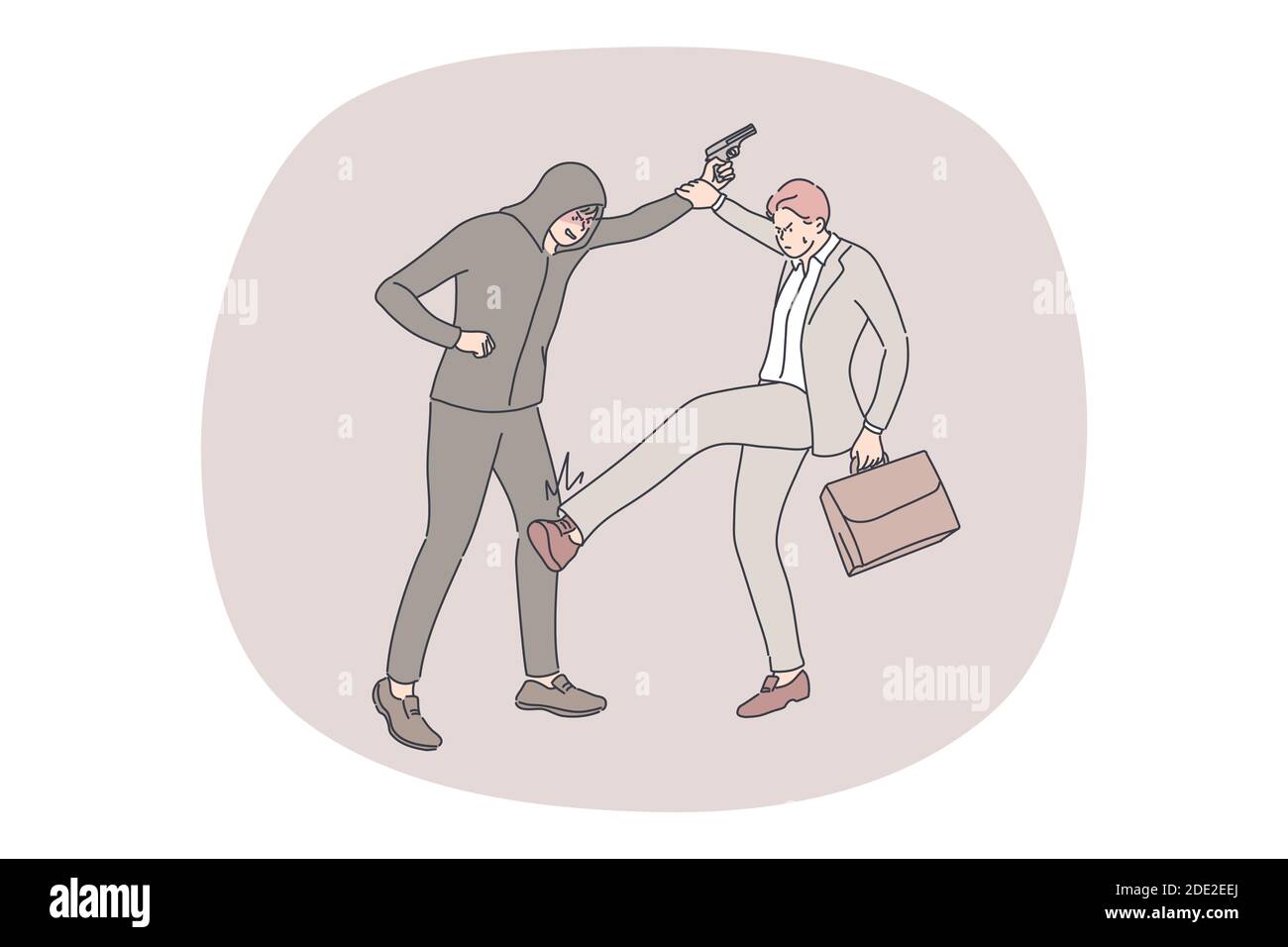 Robbery, crime, business concept. Young businessman clerk manager with suitcase kicking leg fighting against robber criminal with gun. Struggle for li Stock Vector