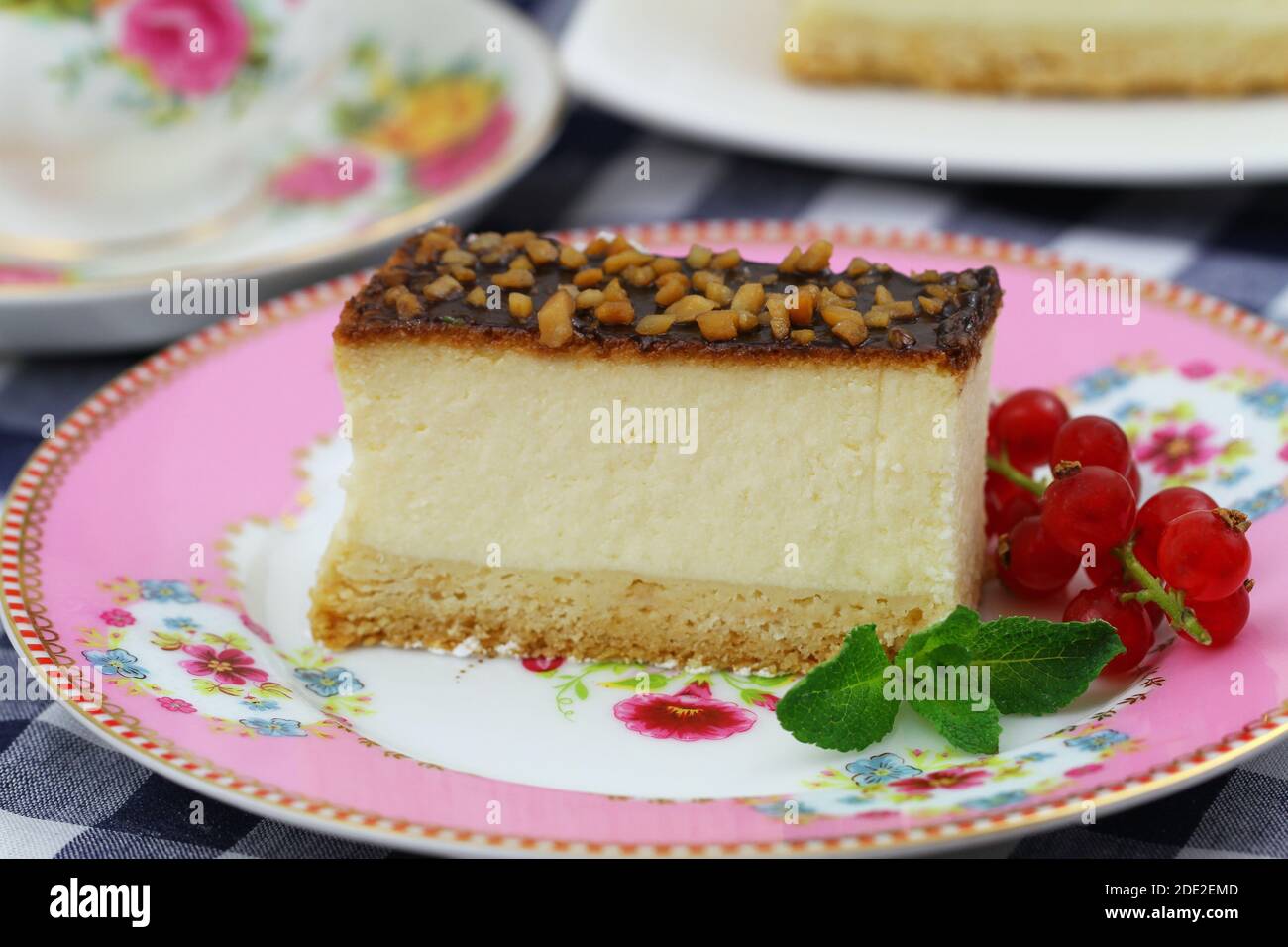 Slice of delicious baked cheesecake with chocolate topping sprinkled with nuts Stock Photo