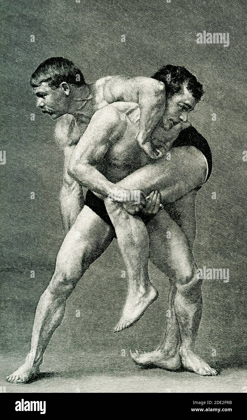 Physical characteristics of the athlete. Harvard wrestlers from the class of 1888. One age 22 and the other age 19 Stock Photo