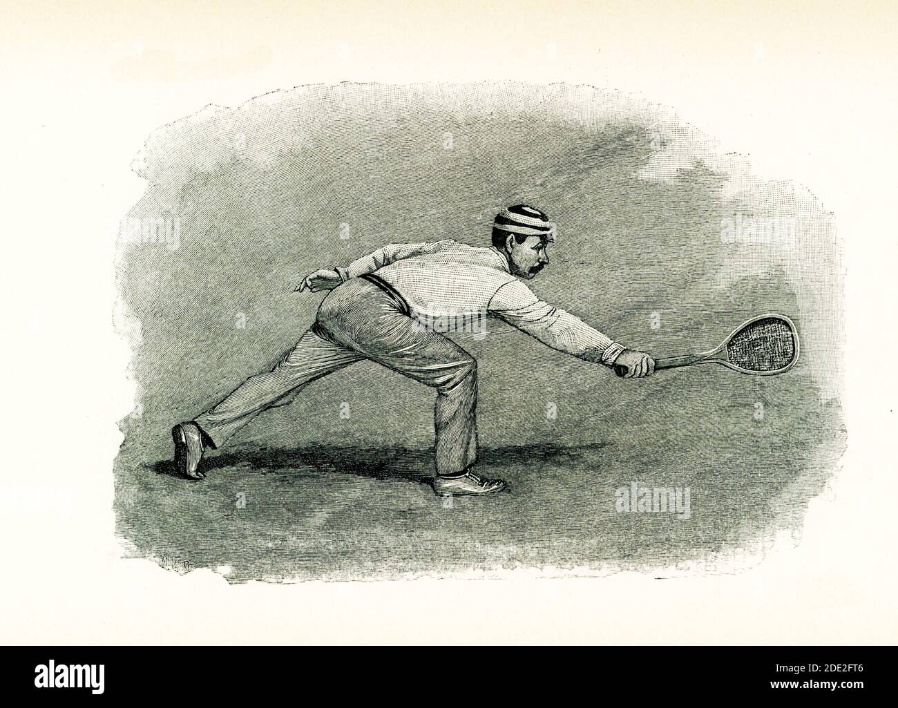 This 1897 illustration of man playing tennis shows him hitting a back-hand half volley. Backhand volleys are hit with the dominant hand on the left side of the body if the player right-handed and the right side of the body if the person is left-handed. A half volley is a shot where a player can’t get to the ball to hit a volley before it bounces, and he doesn’t have enough time to hit a full groundstroke. As a result, he lets the ball bounce and then quickly block or deflect it back to the other side of the court. Stock Photo
