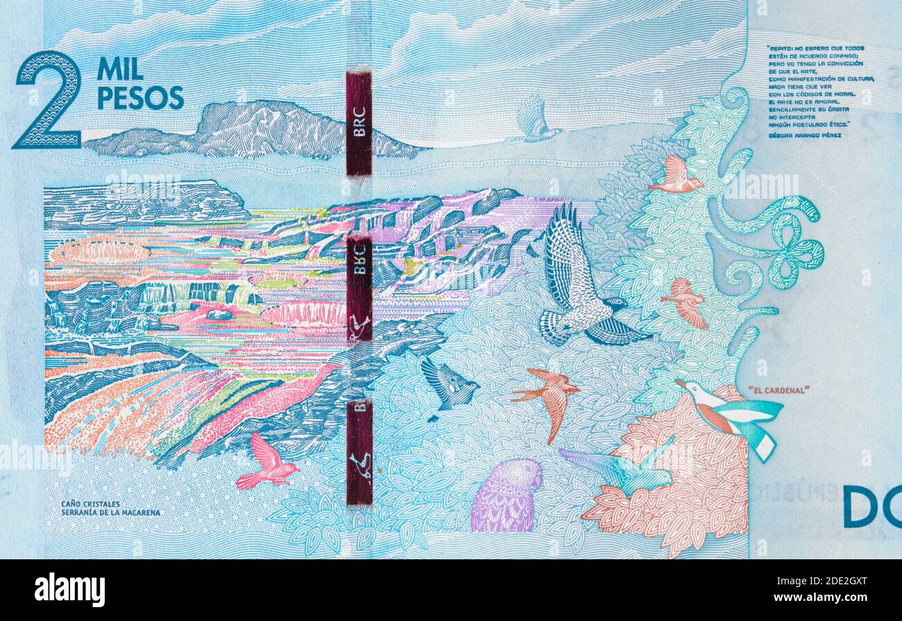 Cano Cristales river in the Serrania de la Macarena on Colombia currency 2000 peso (2016) banknote closeup, Colombian money close up. Stock Photo