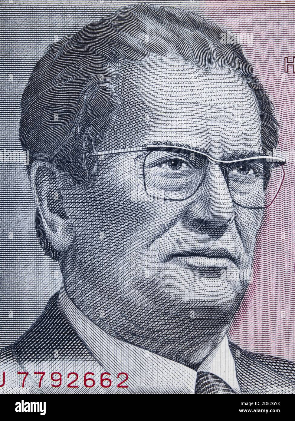 Josip Broz Tito portrait on Yugoslavia 5000 dinara (1985) banknote closeup macro, leader of Yugoslav communist revolutionary, President of Yugoslavia. Stock Photo