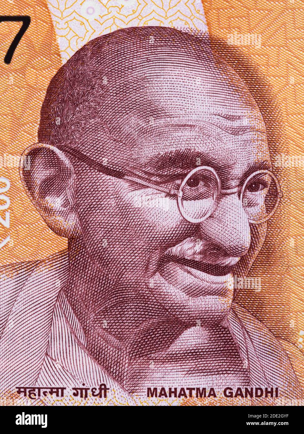 Mahatma Gandhi face portrait on India 200 rupee (2017) banknote close up macro, leader of the Indian independence movement, father of nation Stock Photo