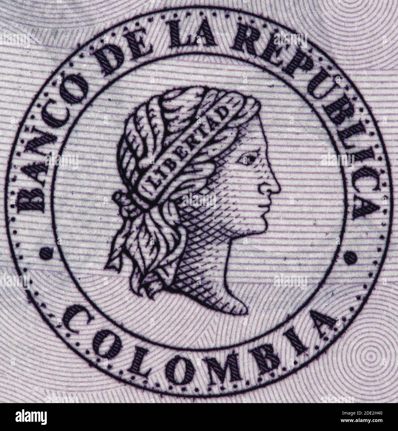 Colombia central bank (Banco de la Republica) seal on 50000 peso (2016) banknote closeup macro, Colombian money close up. Stock Photo