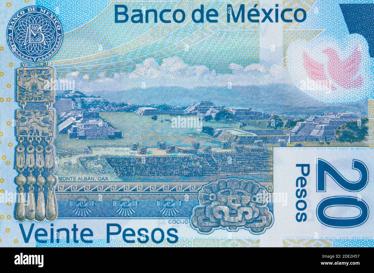 Monte Alban on Mexico 20 pesos (2013) banknote closeup macro, Mexican money close up Stock Photo