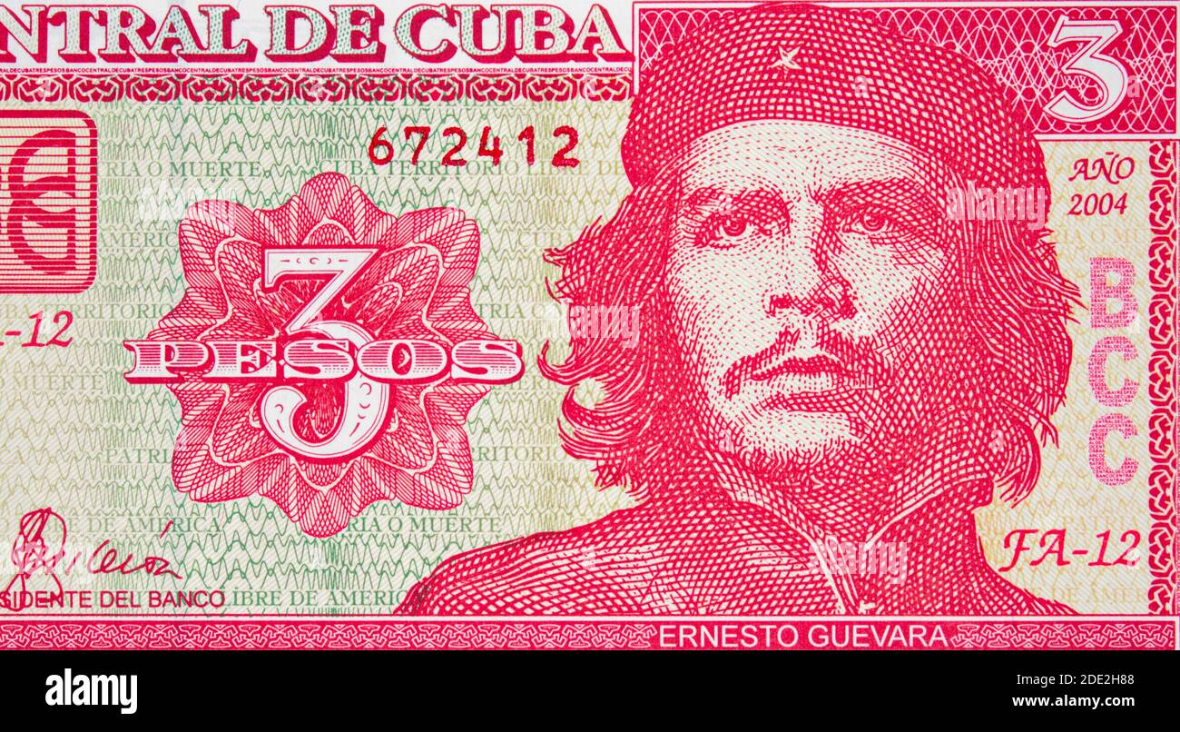 Ernesto Che Guevara on Cuban 3 pesos (2004) banknote close up, Cuba money closeup Stock Photo