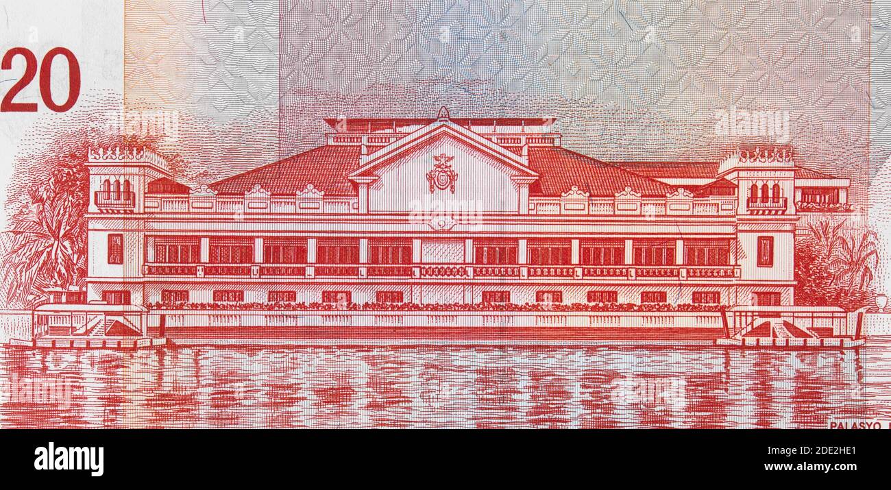 Malacanang Palace on Philippine 20 peso (2009) banknote closeup, Philippines money close up. Stock Photo