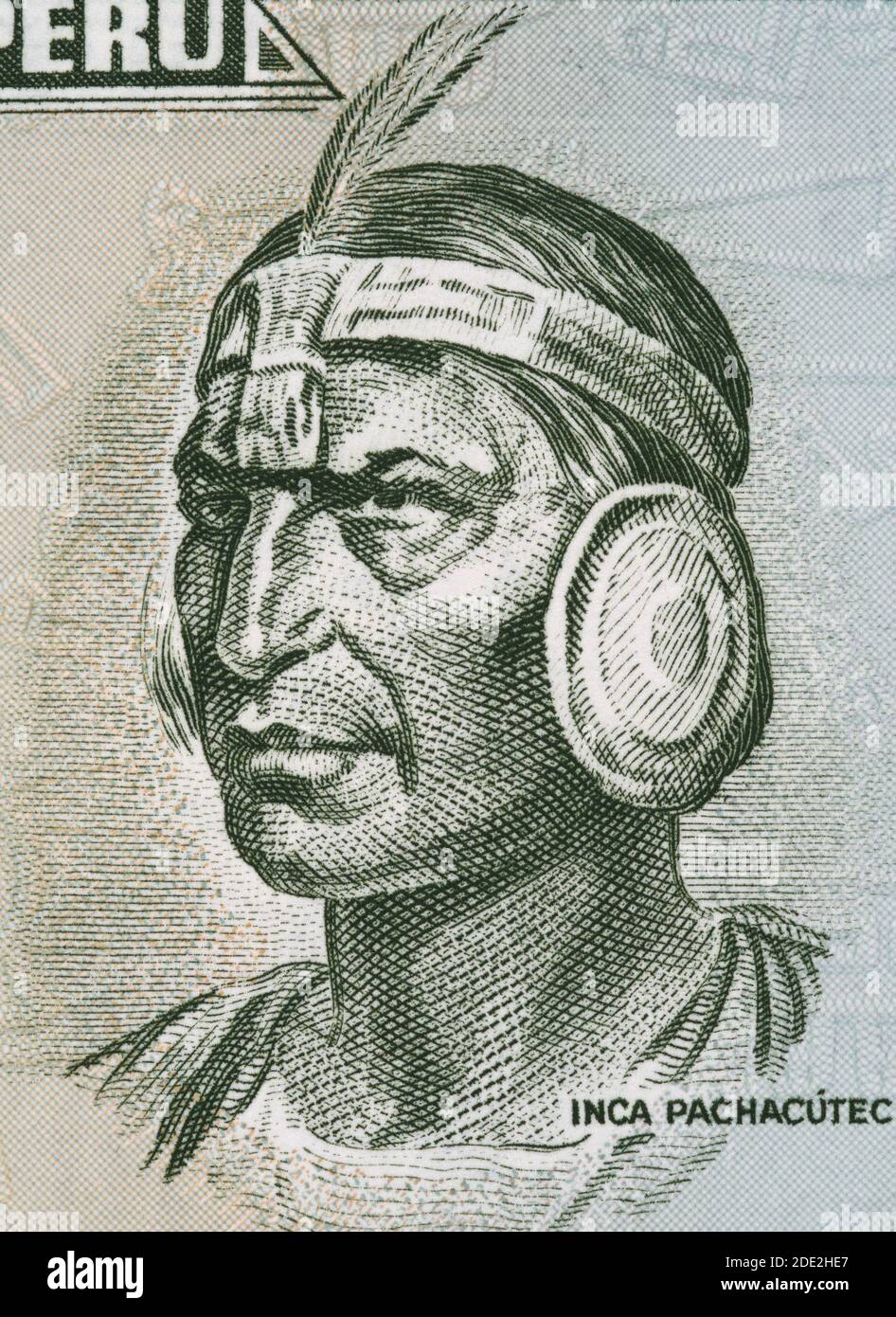 Inca Pachacutec face portrait on Peru 5 soles (1974) banknote closeup fragment, Peruvian money close up. Stock Photo