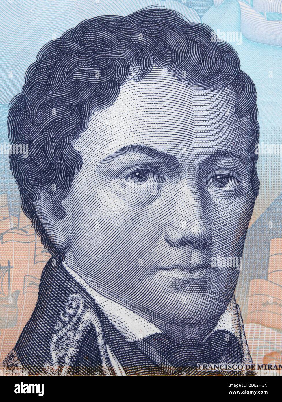Francisco de Miranda (1750-1816) portrait on Venezuela 2 bolivares (2012) banknote, Venezuelan money closeup. Stock Photo