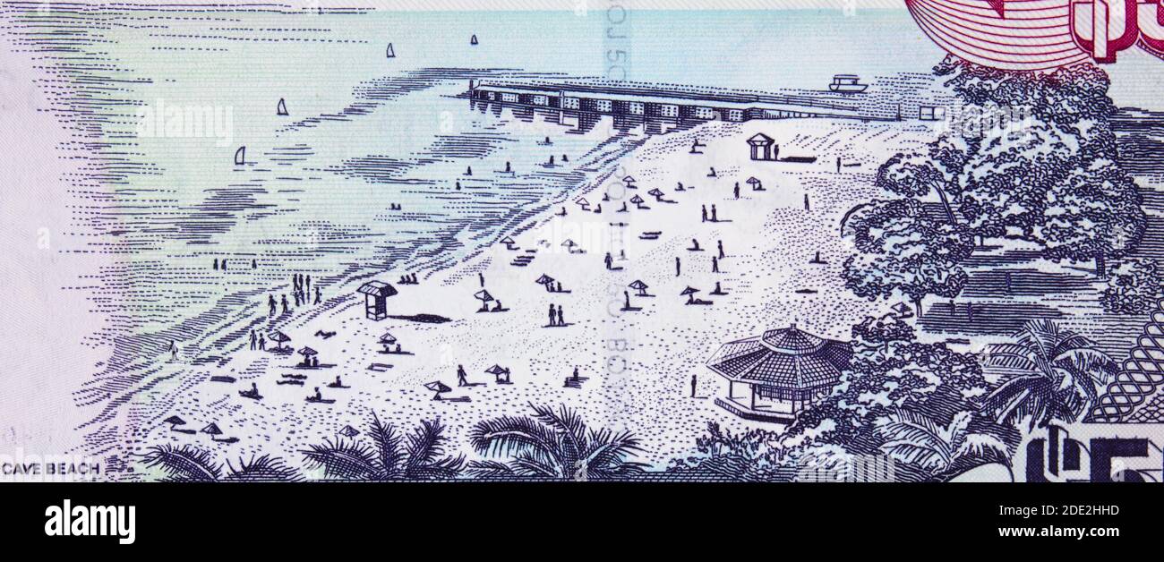 Doctor's Cave Beach Montego Bay on Jamaica 50 Dollar banknote close up macro, Jamaican money closeup. Well known beach on Jamaica. Stock Photo