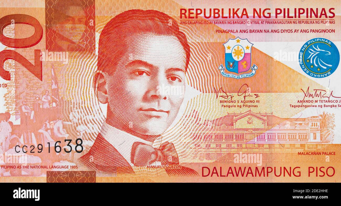 Manuel L. Quezon portrait on Philippine 20 peso (2010) banknote closeup,  Philippines money close up. Stock Photo