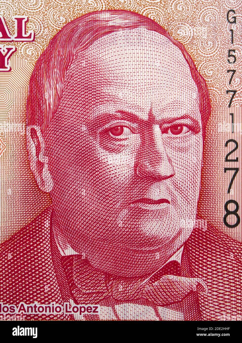 Carlos Antonio Lopez (1792 - 1862) portrait on Paraguay 5000 Guarani (2011) banknote closeup.  First President of Paraguay. Stock Photo