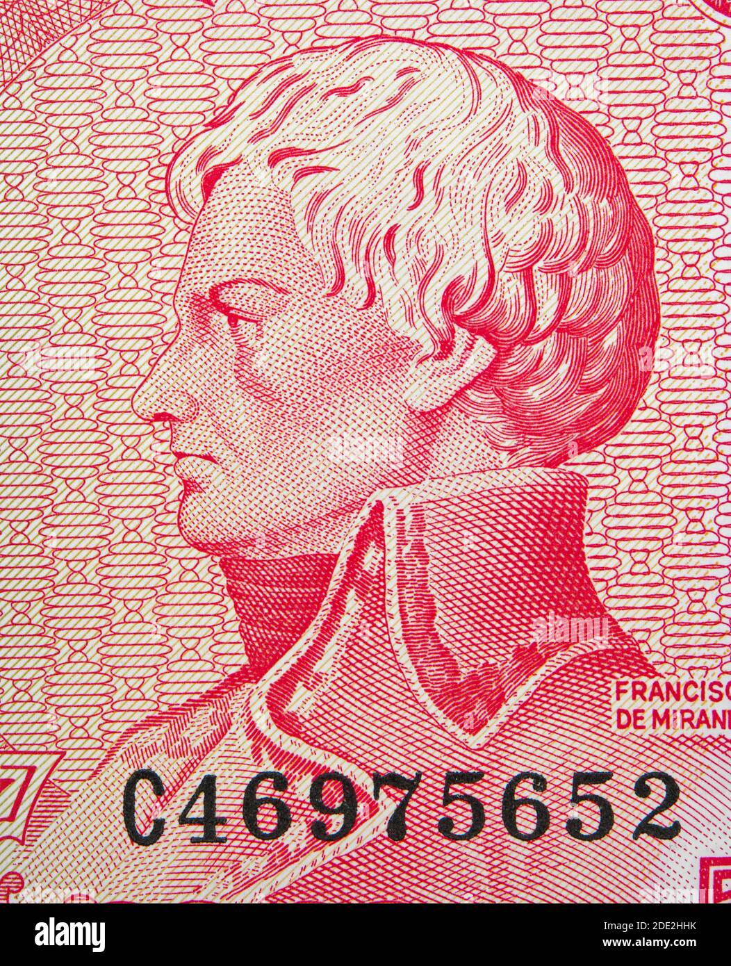 Francisco de Miranda (1750-1816) portrait on Venezuela 5 bolivares (1989) banknote, Venezuelan money closeup. Stock Photo