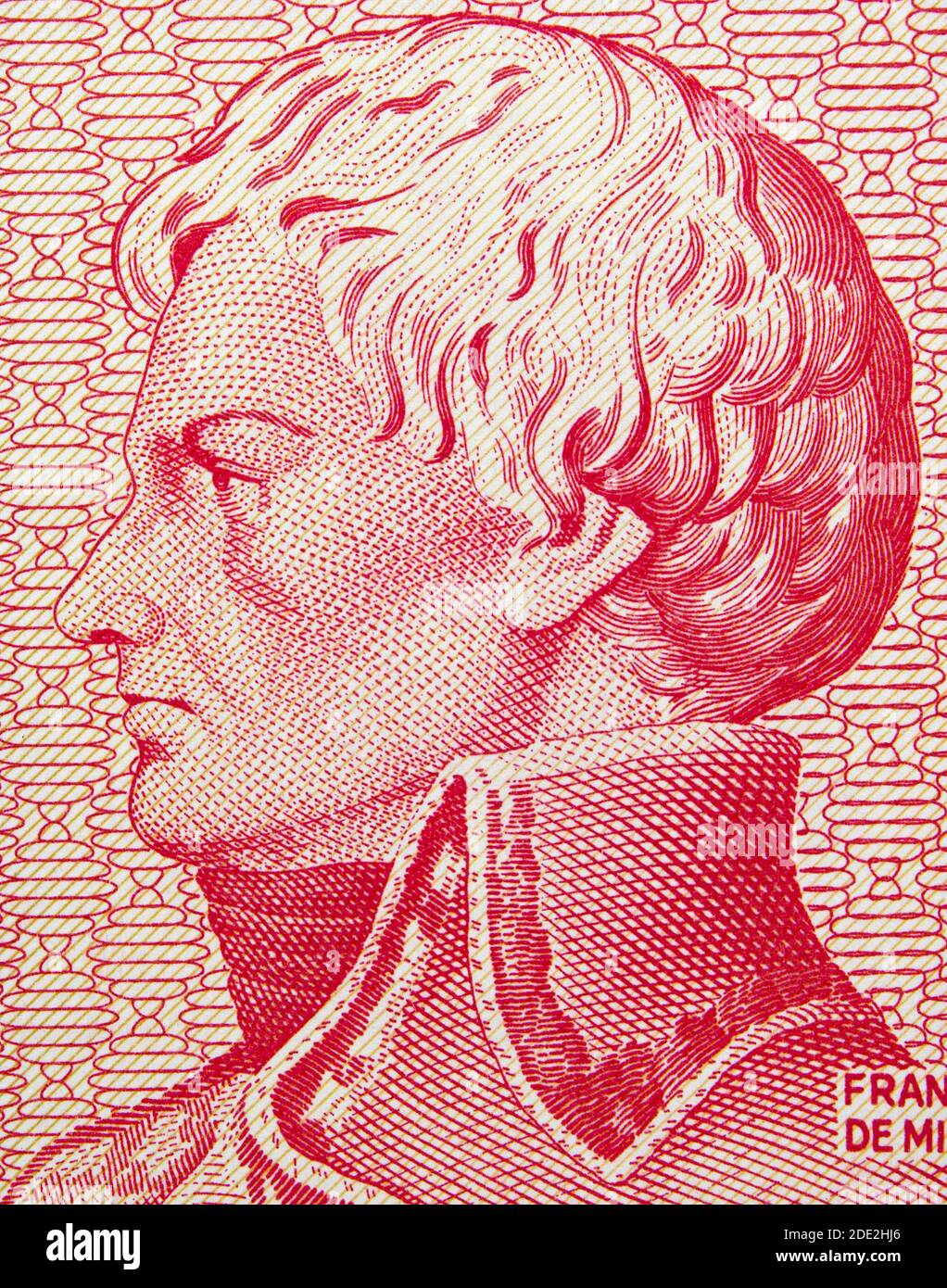 Francisco de Miranda (1750-1816) portrait on Venezuela 5 bolivares (1989) banknote macro, Venezuelan money closeup. Stock Photo