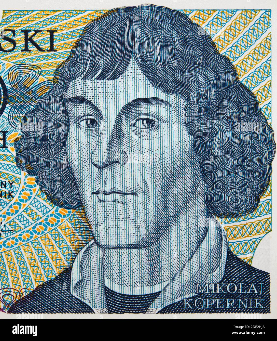 Nicolaus Copernicus face portrait on Poland zloty banknote closeup. Genius renaissance mathematician and astronomer. Stock Photo