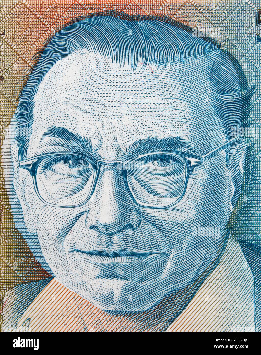 Candido Portinari face portrait on Brazil 5000 cruzados banknote, Brazilian money closeup. Stock Photo