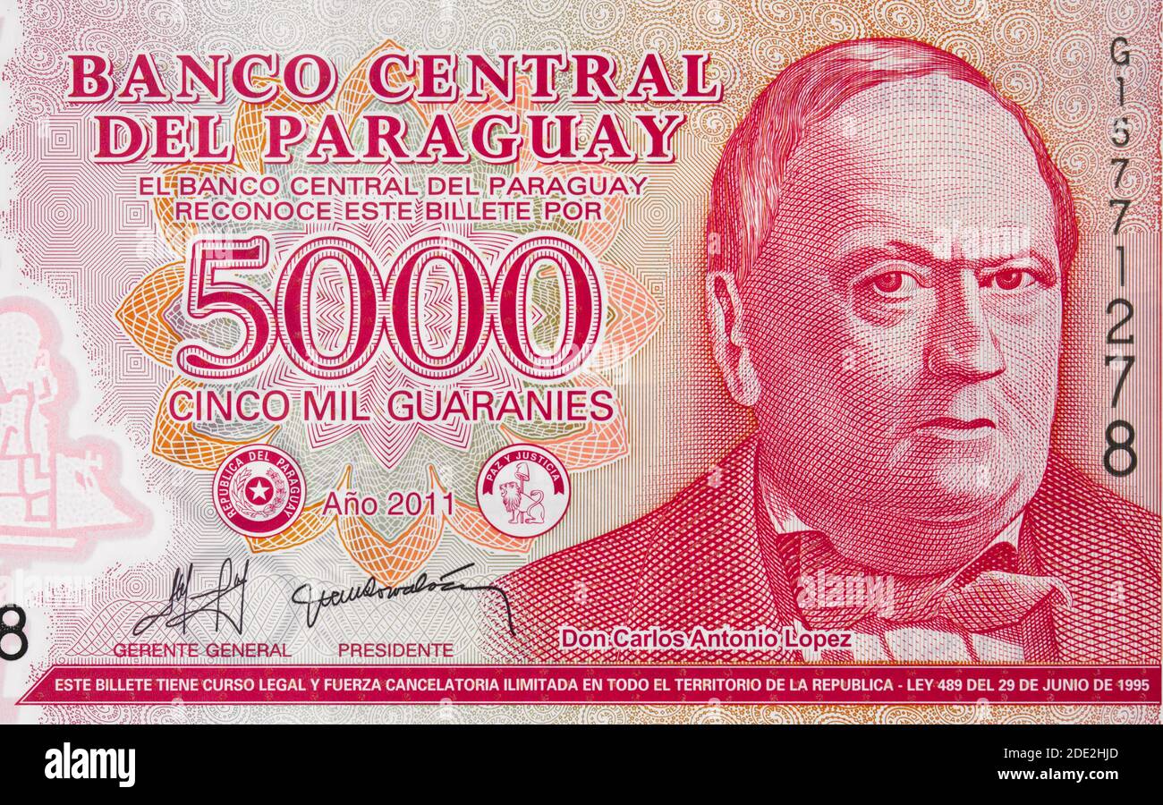 Carlos Antonio Lopez (1792 - 1862) portrait on Paraguay 5000 Guarani (2011) banknote closeup.  First President of Paraguay. Stock Photo