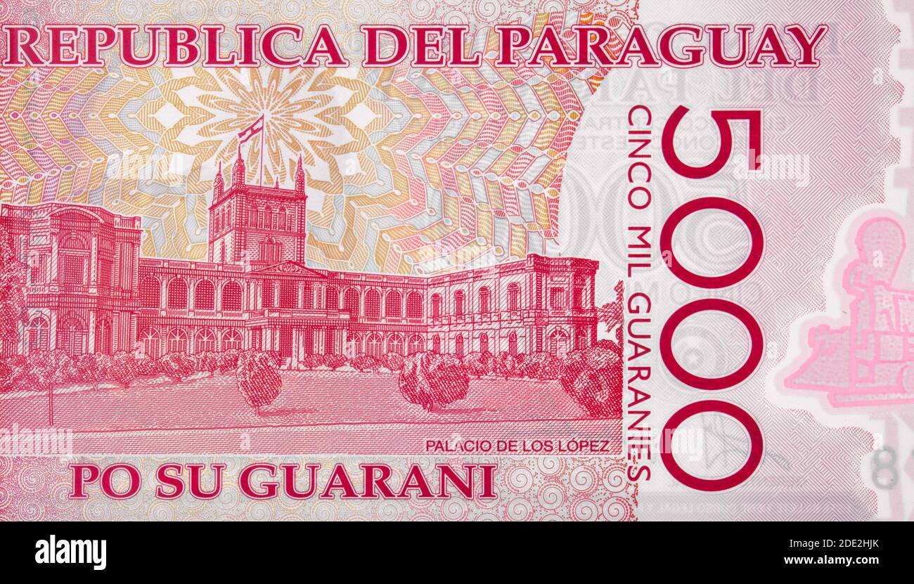 Lopez Palace on Paraguay 5000 Guarani (2013) banknote closeup, Paraguayan money close up. Stock Photo