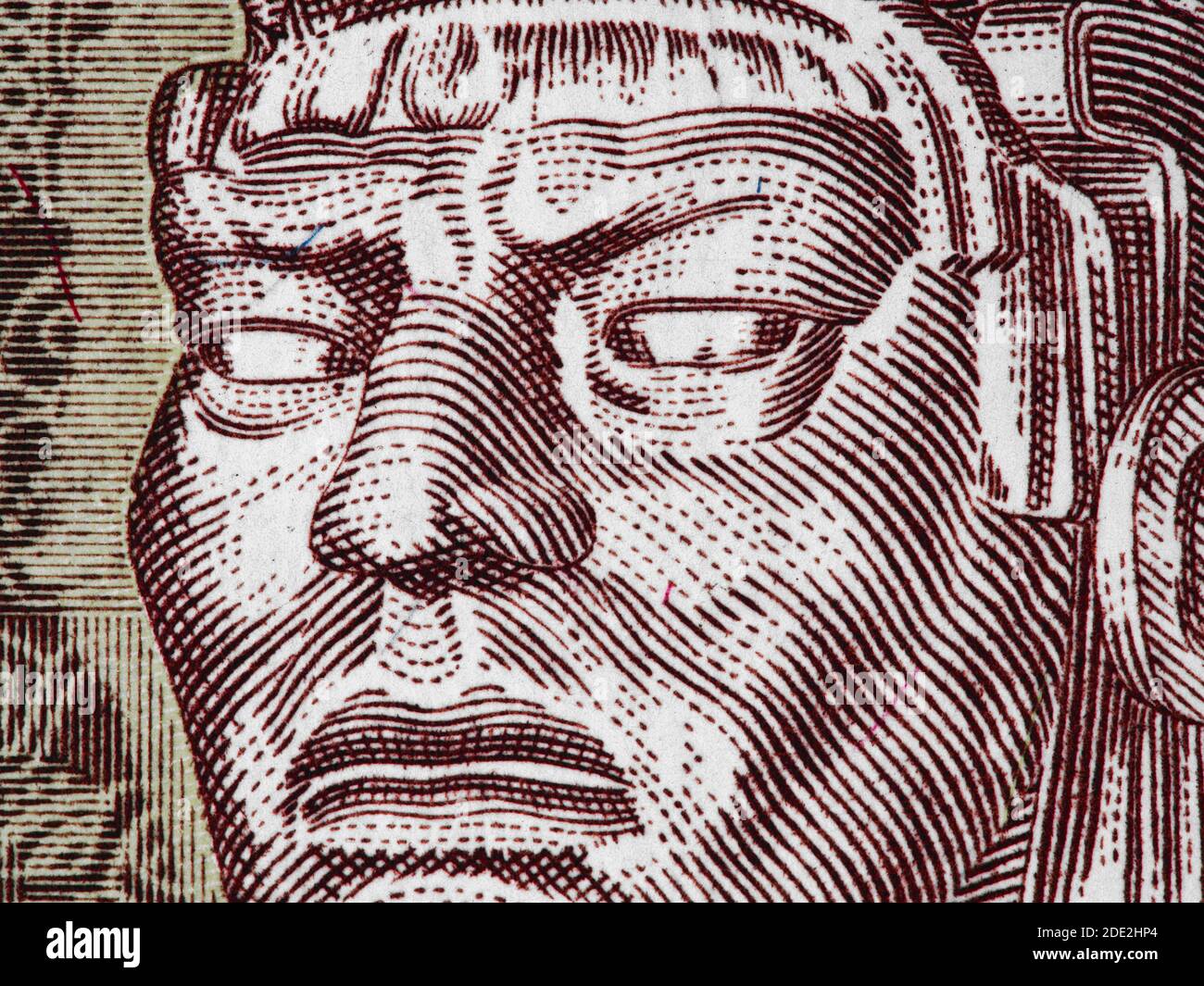 Tecun Uman on half quetzal (1998) Guatemala banknote extreme macro, Guatemalan money closeup Stock Photo