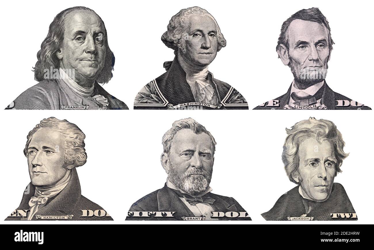 George Washington, Benjamin Franklin, Abraham Lincoln, Alexander Hamilton, Andrew Jackson, Ulysses Grant faces from US dollar bills isolated, United S Stock Photo