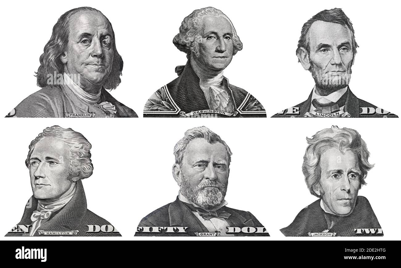 US presidents George Washington, Benjamin Franklin, Abraham Lincoln, Alexander Hamilton, Andrew Jackson, Ulysses Grant portraits from US dollar bills Stock Photo