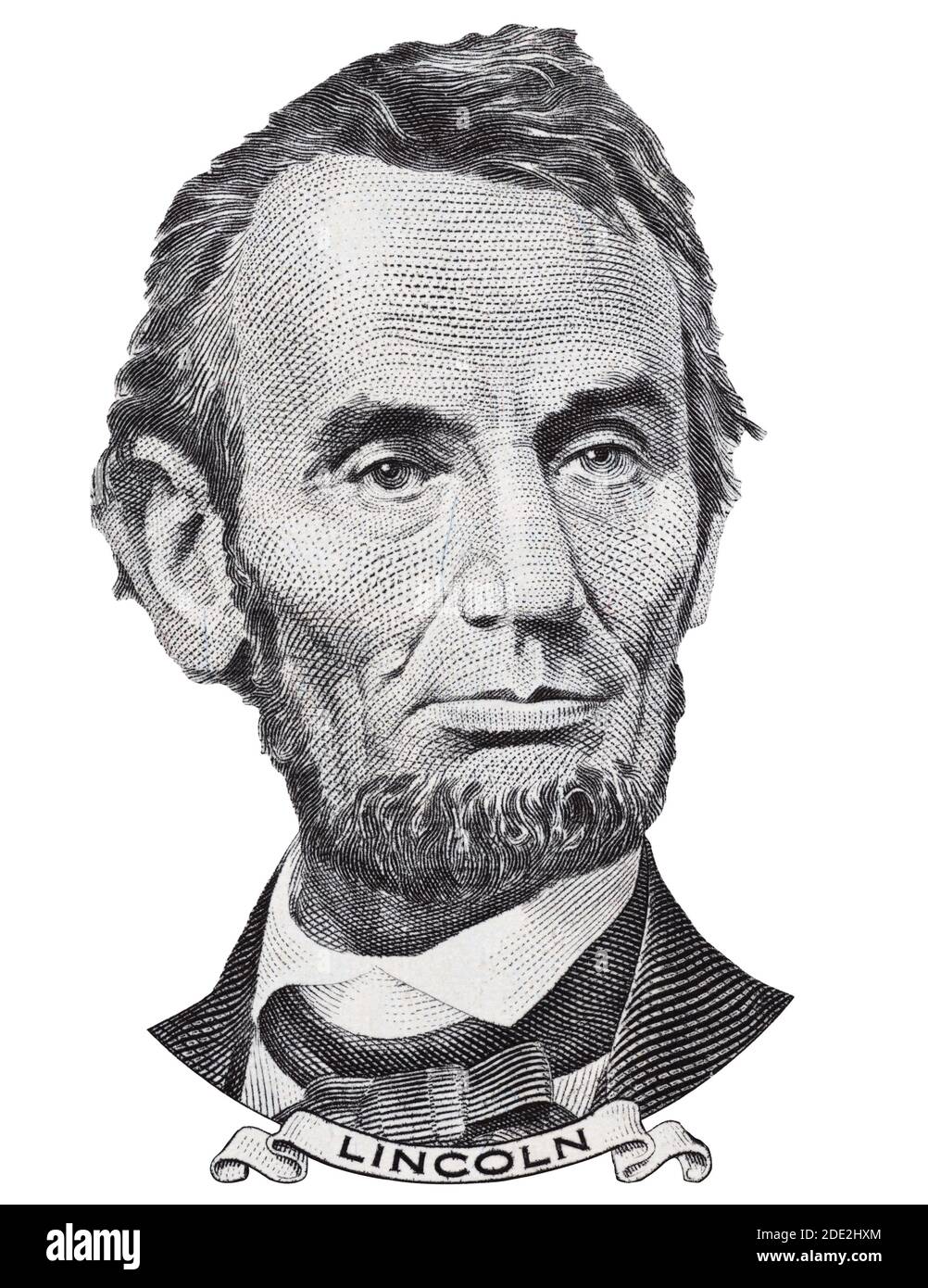 USA President Abraham Abe Lincoln face on us five dollar bill macro isolated, 5 usd, United States of America money closeup Stock Photo
