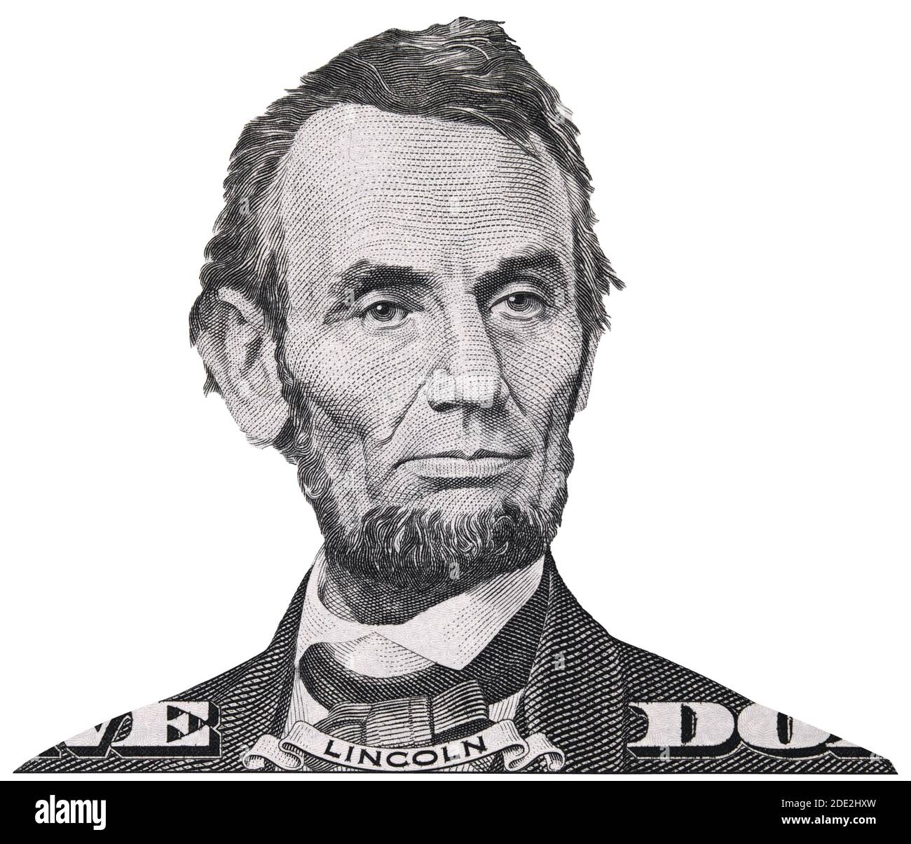 US President Abraham Abe Lincoln on USA five dollar bill macro isolated, 5 usd, United States of America money closeup Stock Photo