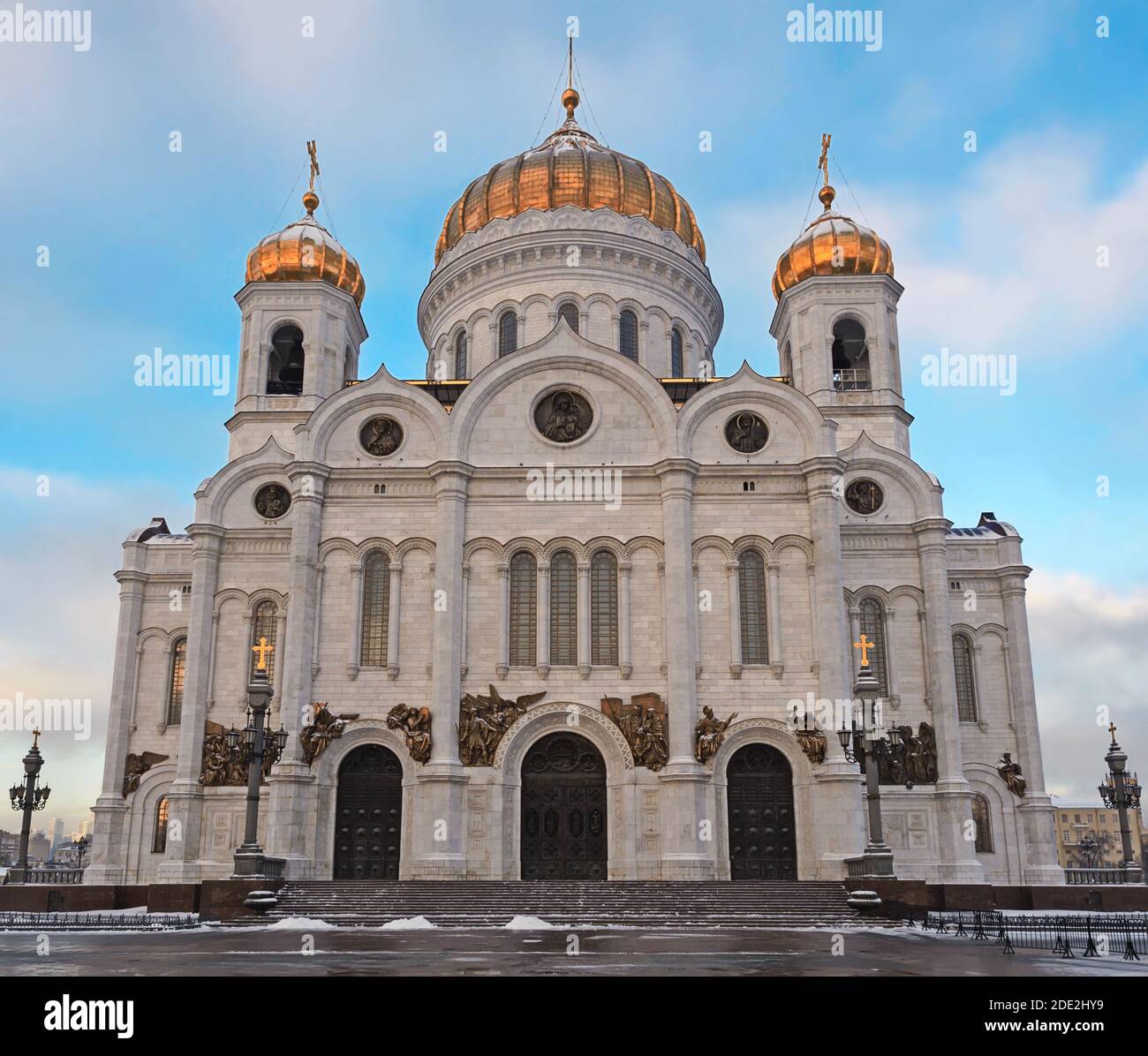 Moscow Cathedral of Christ the Savior at winter sunrise, Russia.  Moscow colossal church and national Russian landmark. Stock Photo