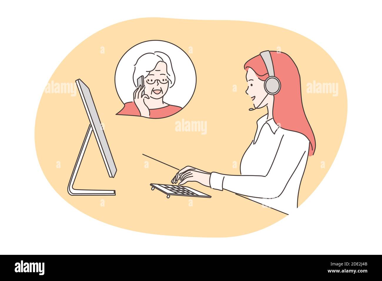Service, call center concept. Woman operator consultant cartoon character with headset talking gives advise to senior citizen online. Wireless custome Stock Vector