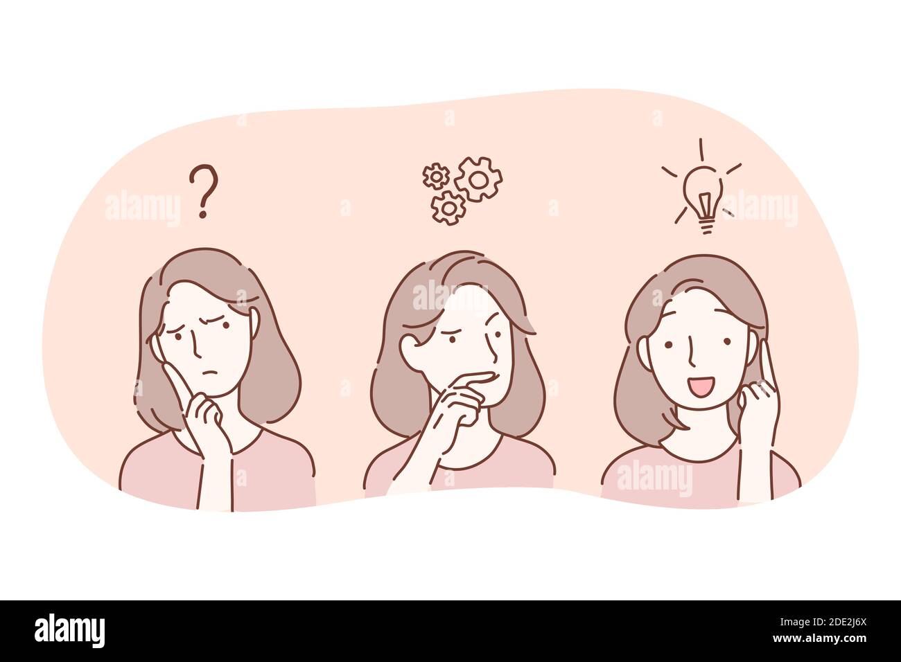 Insight, thinking and having great innovative idea concept. Face of young woman cartoon character thinking, having deep thoughts with frustration and Stock Vector