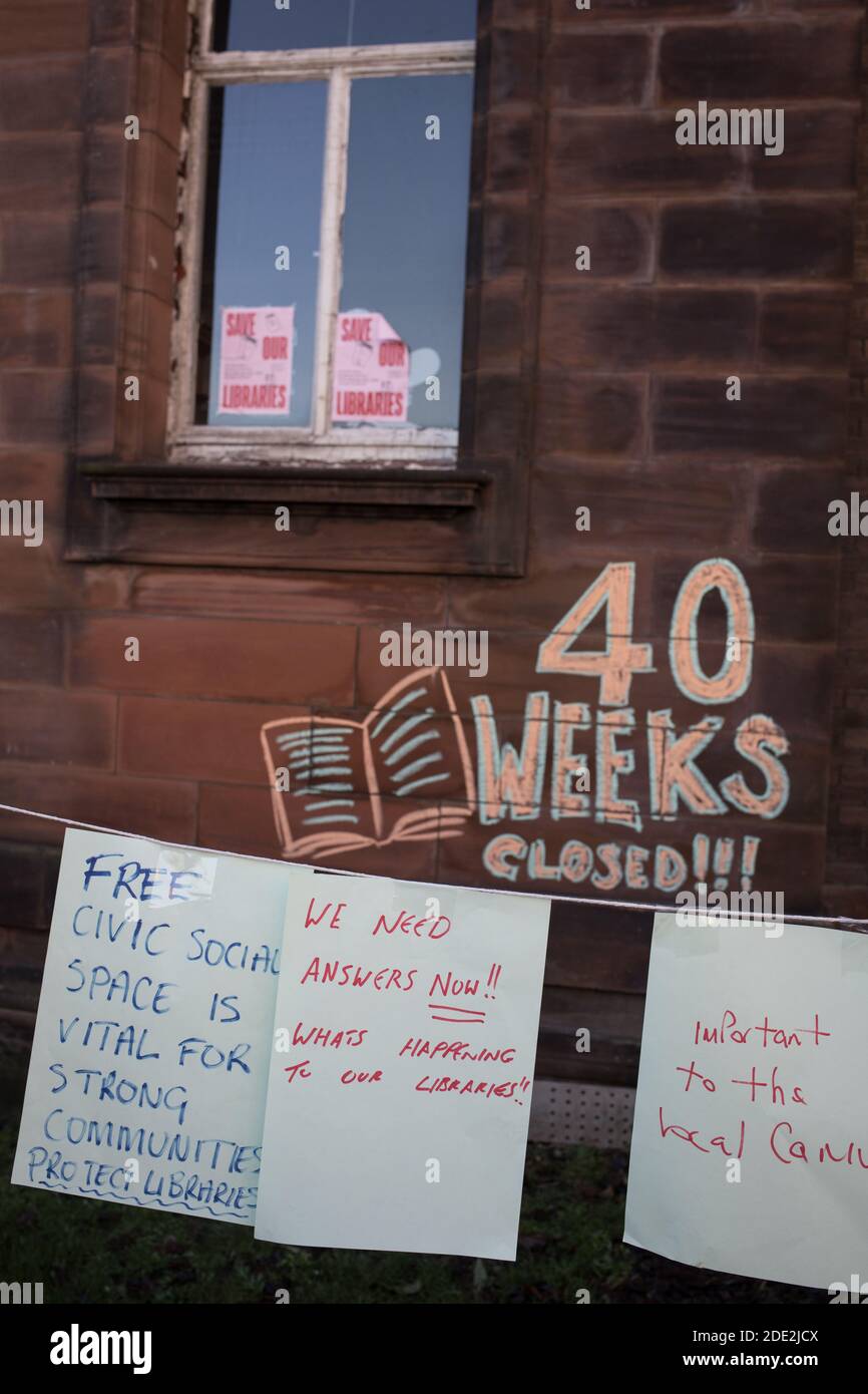 Glasgow, Scotland, UK, 28th November 2020. People campaign to re-open the Langside public library, in the Southside of the city, which have been closed now for 40-weeks. Campaigners maintain the libraries are needed for education, for the mental health benefits and for the wider needs of the city's most diverse local communities, during these unprecedented times of the Covid-19 global health pandemic. It is also feared the the city council will use the temporary closures as a way of keeping the libraries closed permanently. Approximately 20 libraries are currently closed within Glasgow. Photo Stock Photo