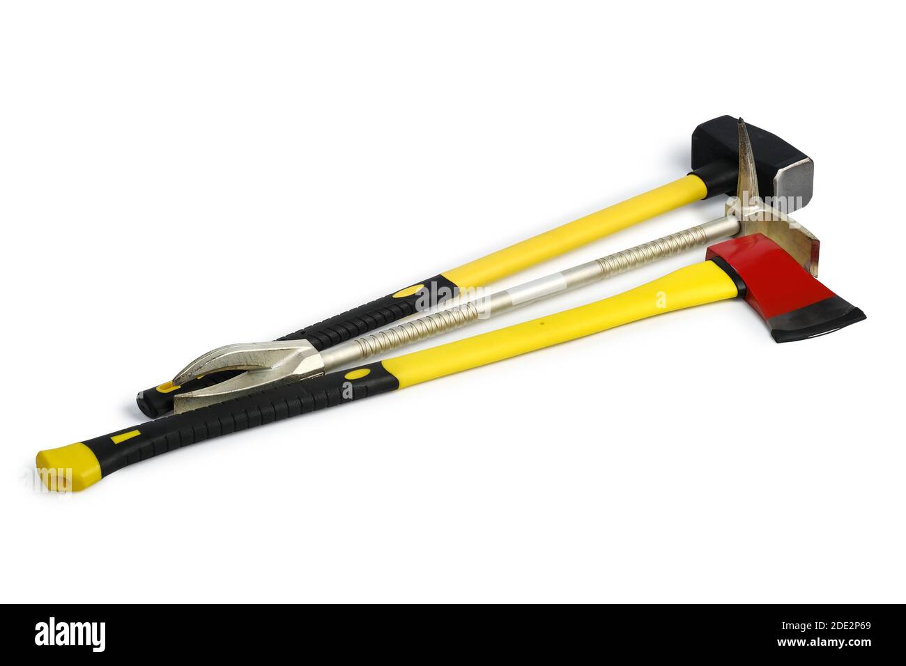 Yellow sledgehammer, axe and hooligan pinch from fireman's toolbox